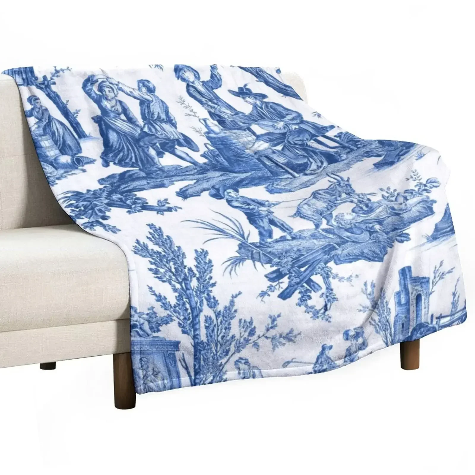 Blue and White Toile de Jouy Throw Blanket Beautifuls Thins Blankets Sofas Of Decoration Picnic Blankets