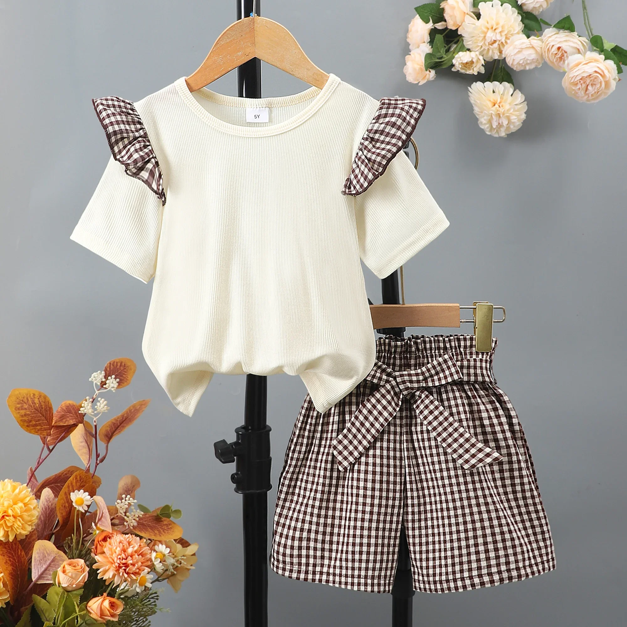 Plaid Splicing Two-Piece Set, Ruffle Short Sleeve Top + Plaid Shorts Set Sweet Fashion Clothes Girls Summer Outfit