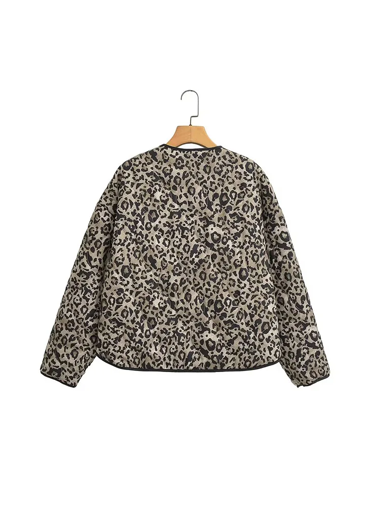 Autumn and winter new women\'s clothing light and versatile leopard print animal print round neck cotton jacket coat