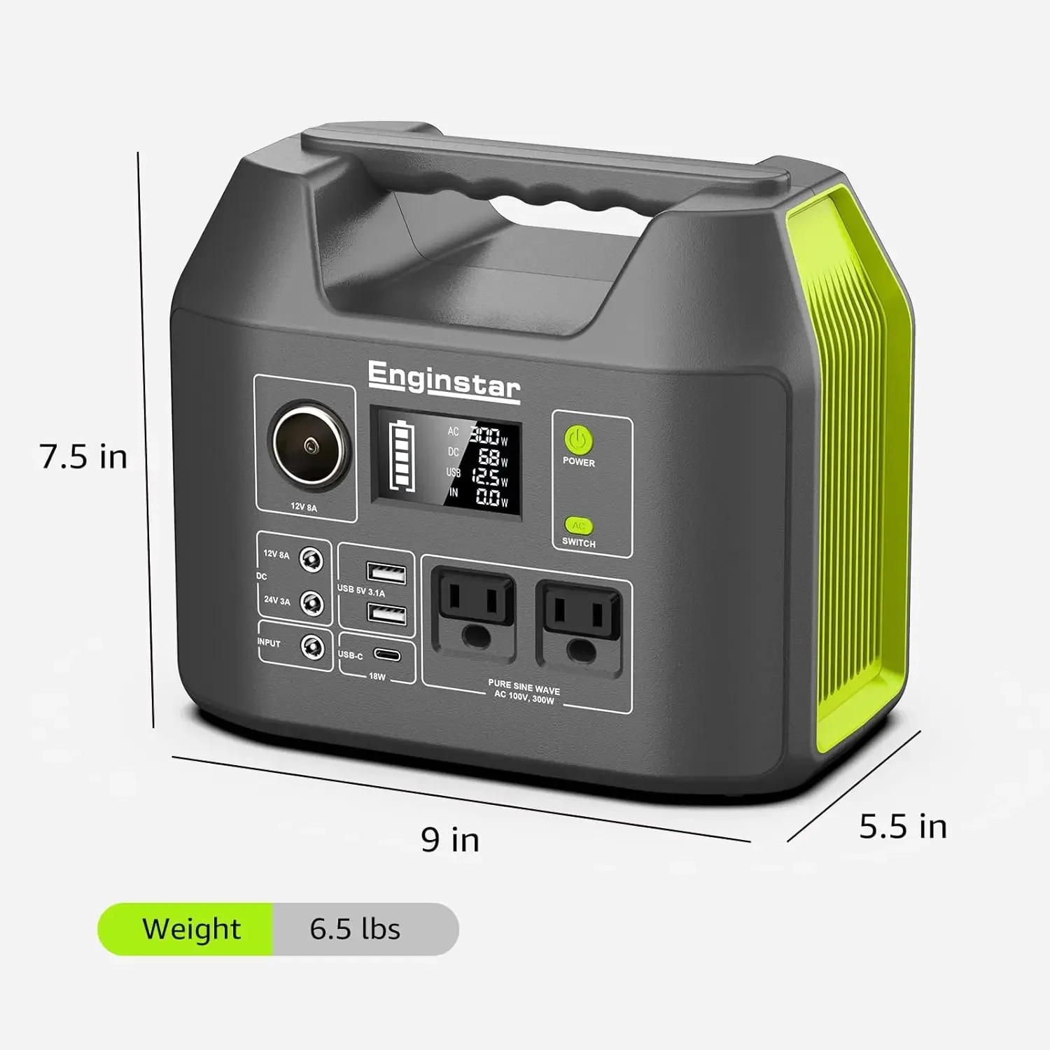 EnginStar-generador Solar portátil, estación de energía de 300W, batería de litio de 296WH, dos salidas de CA de onda sinusoidal pura de 110V