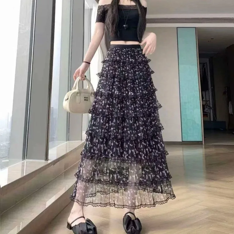 Women Spring Summer Floral Print Mesh Cake Skirt High Waist Lace Ruffle Sweet Slim Long Skirt Daily Vacation Wear
