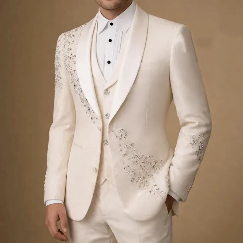 Elegante Men's Suits 2 Pieces Fashion Slim Fit Tuxedos High Quality Beaded One Button Suits For Wedding Groom Business Pro