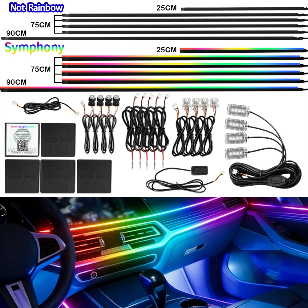 Zestaw 18 w 1 LED-owych lampek ambientowych do samochodu, synchronizacja muzyki, RGB, 213 kolorów, tęczowe, sterowanie przez Bluetooth przez aplikację, akrylowe neonowe paski świetlne do wnętrza