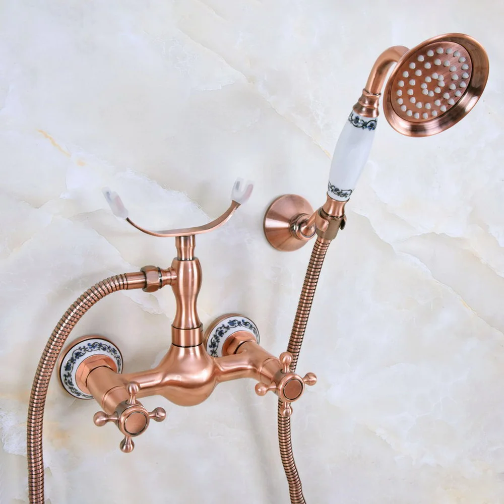 

Antique Red Copper Wall Mount Bathtub Faucet with Handheld Shower Set +1500MM Hose Mixer Tap 2na342