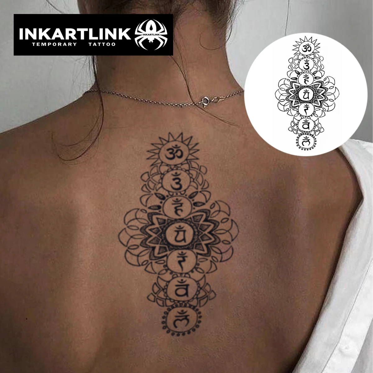 INKARTLINK Herbal Chakra Lotus Mandala Back Tattoo Sticker for Yoga Practice, Meditation Retreats & Daily Wellness.