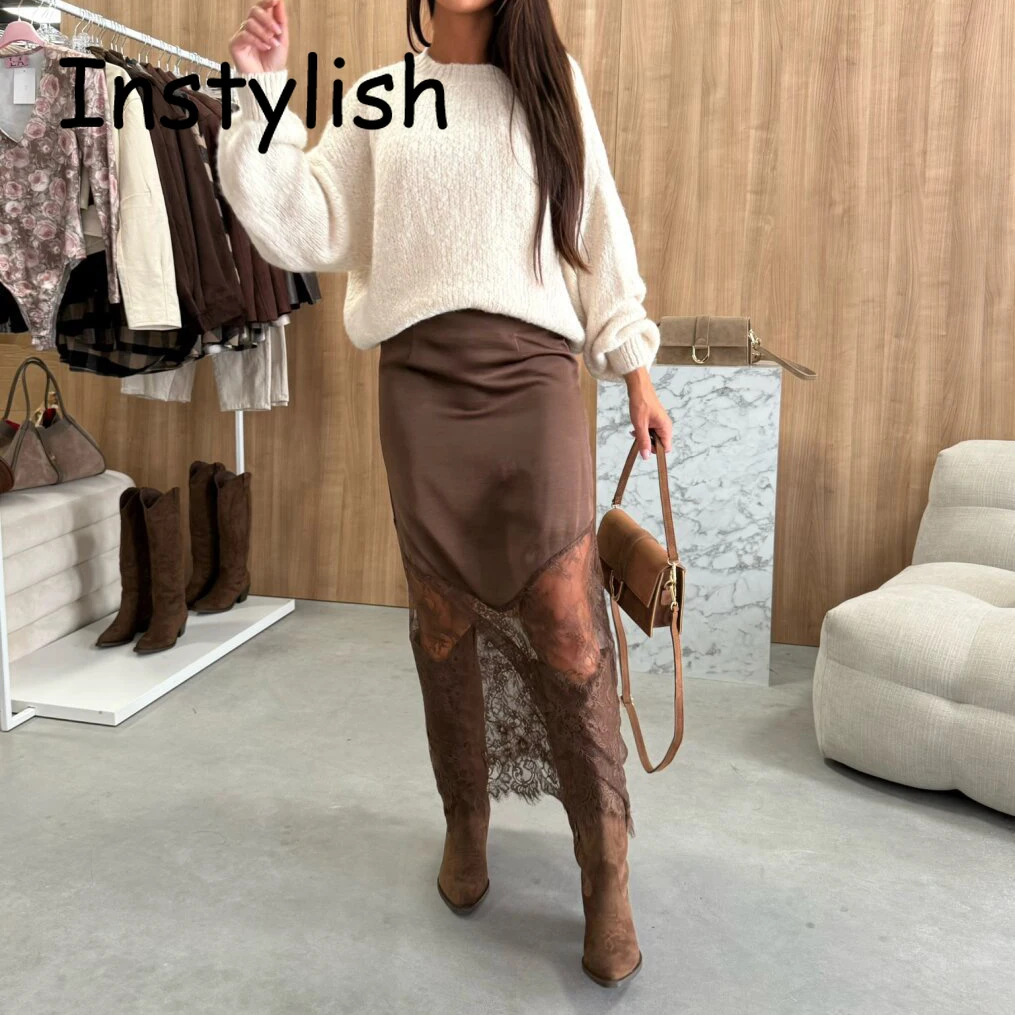 Autumn Sexy High Waist Slim Hollow Out Maxi Skirt Women Elegant Patchwork Stain Lace Long Skirt Harajuku Solid Skirt Party Club