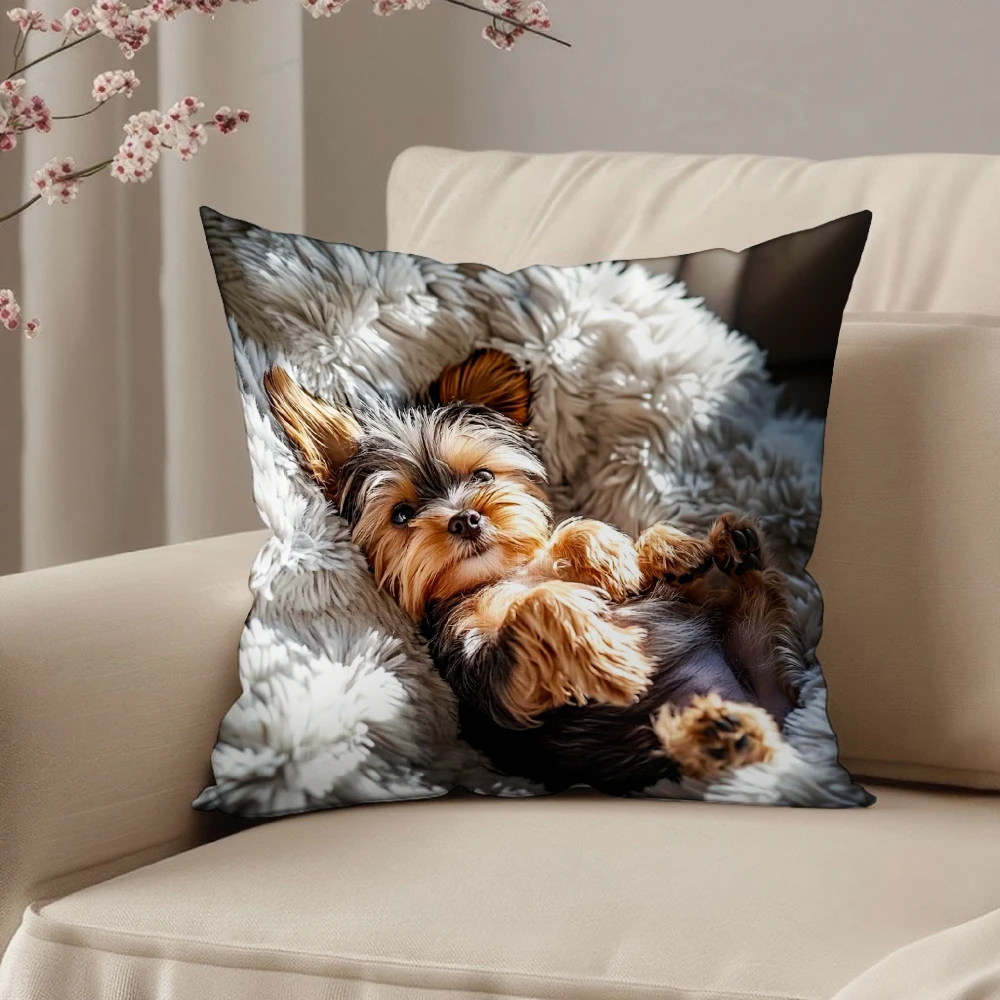 Square Throw Pillow Case Gray Fluffy Blanket Print Cute Yorkshire Terrier Puppy Lying Down Decor For Living Room Sofa Bedroom Ch