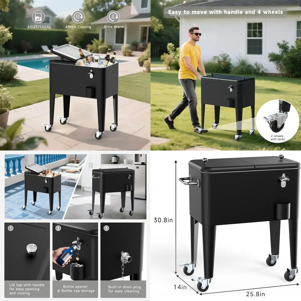 

Portable 60 Quart Wheeled Cooler Cart for Outdoor & Indoor Entertaining, with Handle, Bottle Opener, Collector, and Drain