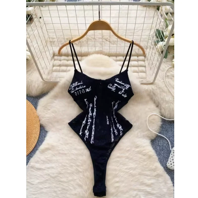 Lace Sexy Bodysuits Letter Print Summer Sleeveless Open Crotch Tank Top Strap Flirty Sheer Play bodysuit Beach Party image 2