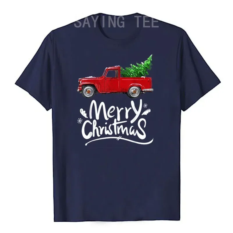 Vintage Wagon Red Truck Christmas Tree Pajama Gift T-Shirt Merry Christmas Graphic Tee Tops Family Xmas Costume Holiday Clothes