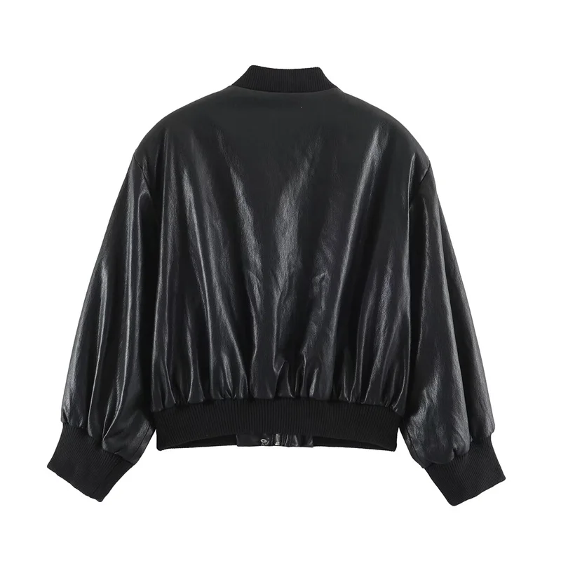 Guobioziy 2026 Fall Women Ribbed Collar Bomber Jacket Long Sleeve Loose Chic Versatile Street Style Daily Outer Coat