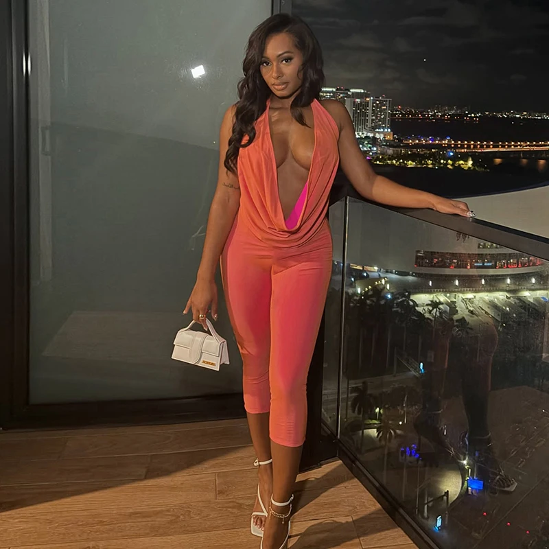 Women Cowl Neck Sexy Patchwork 2 Piece Set  Halter Backless Tie-Up Crop Top+High Waist Capri Pants Matching Party Clubwear view 3