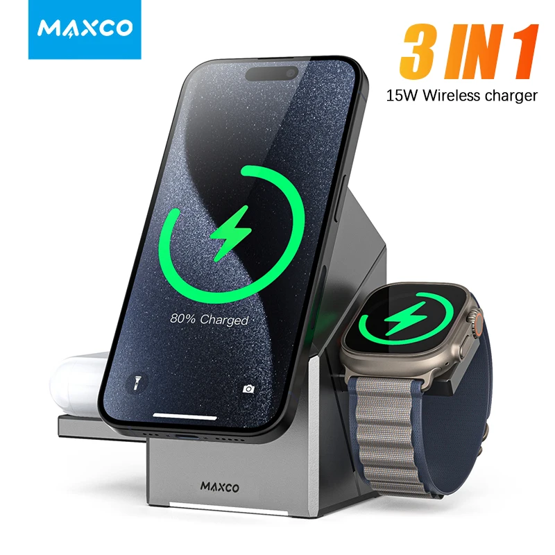 3 in 1 Wireless Charger Stand Magnetic Qi2 15W Fast Charging for iPhone 12 13 14 15 16 Apple Watch 9 8 7 6 5 Airpods 2 3 Pro