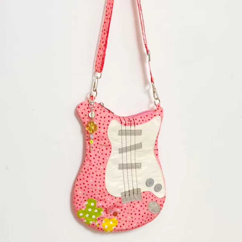 Guitar Bass Shape Crossbody Shoulder Bag,Four-Leaf Clover Polka Dot Button Colorblock Fabric Handbag,Lightweight Casual Purse