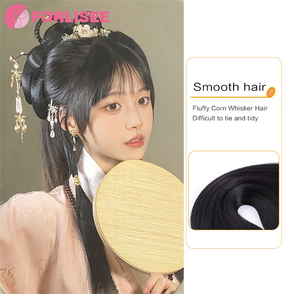 Peruca antiga Hanfu, faixa de uma peça para hanfu sintético, coque de cabelo enrolado, toucado estilo Tang, bolsa e saco preguiçoso