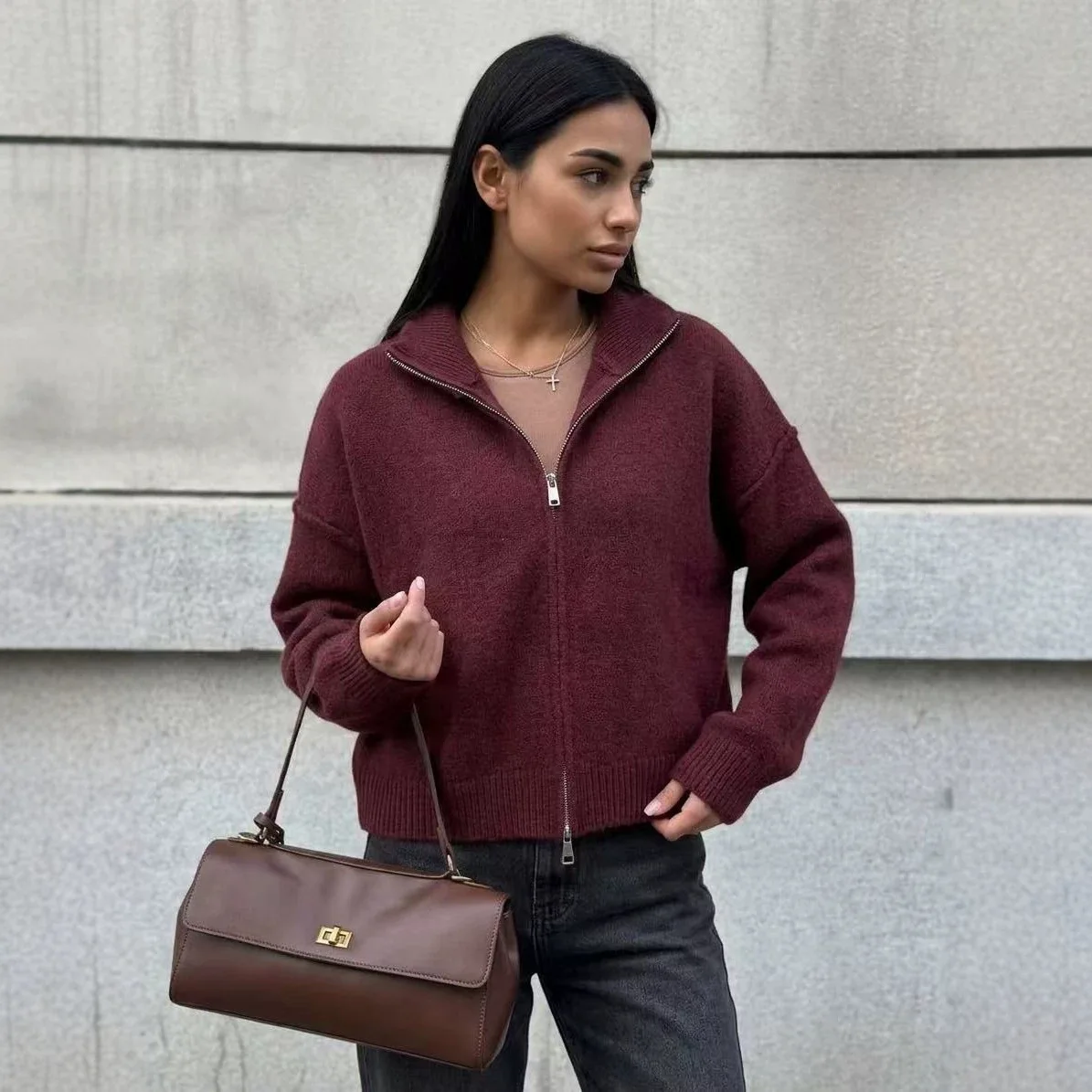 

Autumn Korean Fashion Oversized Sweaters Women Winter Zipper Stand Up Collar Solid Warm Sweater Women's Knitted Jacket Cardigan
