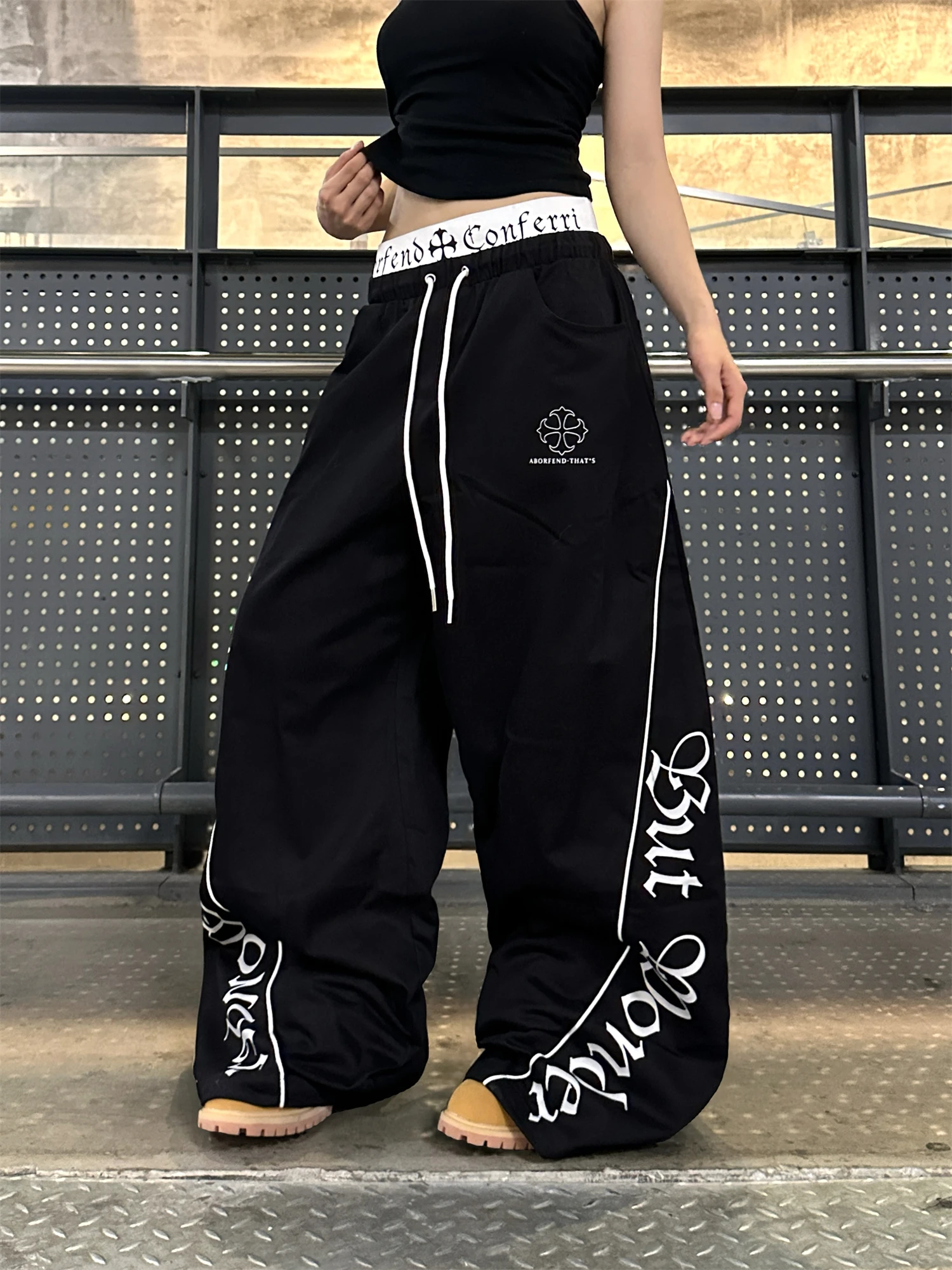 Women's Gothic Printed Baggy Pants Streetwear Y2K Fashion Black Wide Leg Trousers Loose Casual Hip Hop Dance Pants