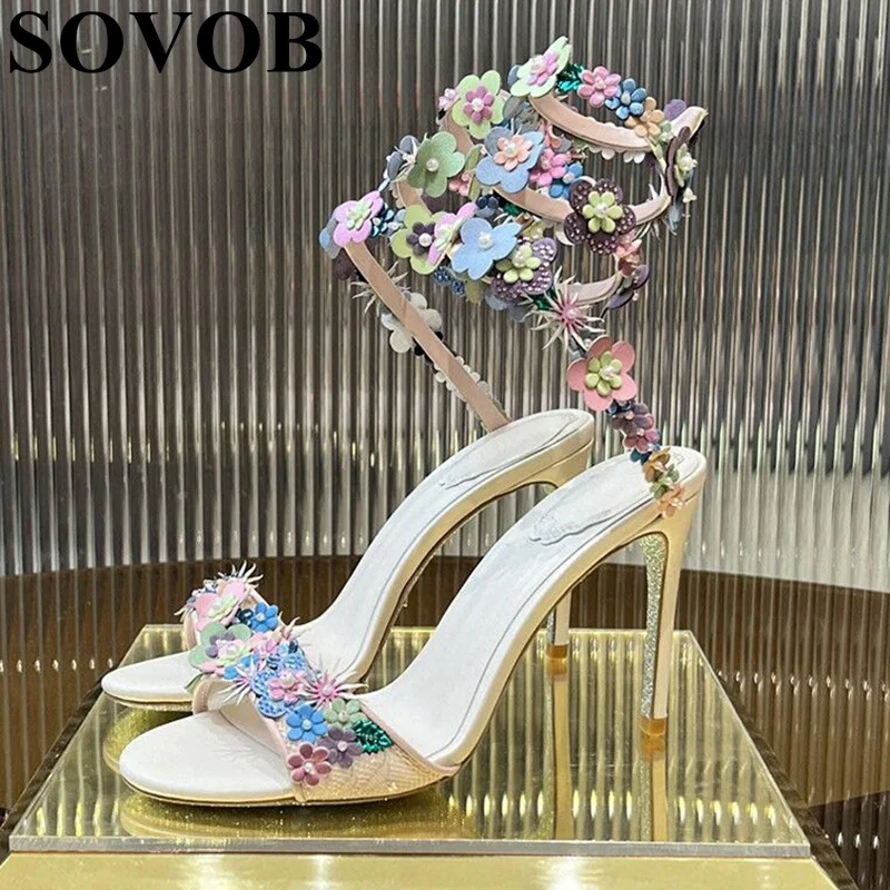 

Bling Bling Rhinestone Flower Gladiator Sandals Women Air Mesh Snake shaped Strap High HeelS Sandalias Summer Party Fairy Shoes