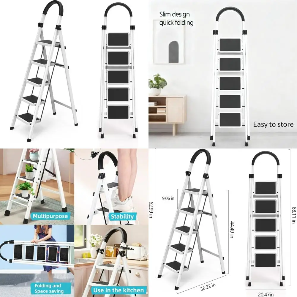 Taburete plegable de aluminio ligero con patadas antideslizantes anchas y mango acolchado para cocina, baño y uso doméstico