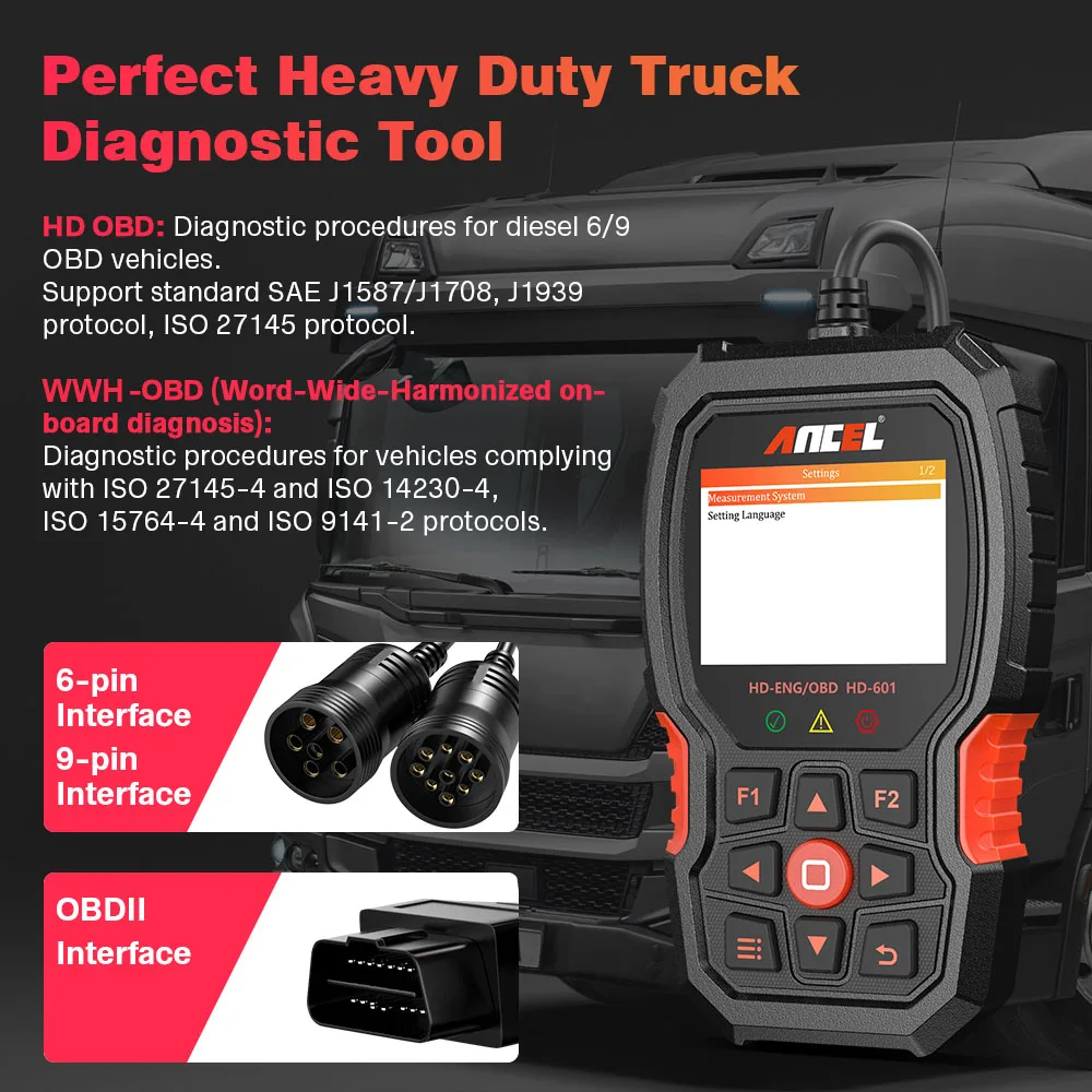 ANCEL HD601 Heavy Duty Truck Scanner HD OBD All System Diesel Scan Tool Engine ABS ECU Reset for John Deere Peterbilt Paccar