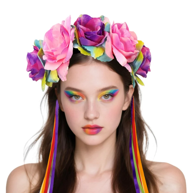 

New Festival Rainbow Artificial Flower Headband with Ribbon Festival Dress Up Hair Hoop Halloween Party Hair Decorate Hairband