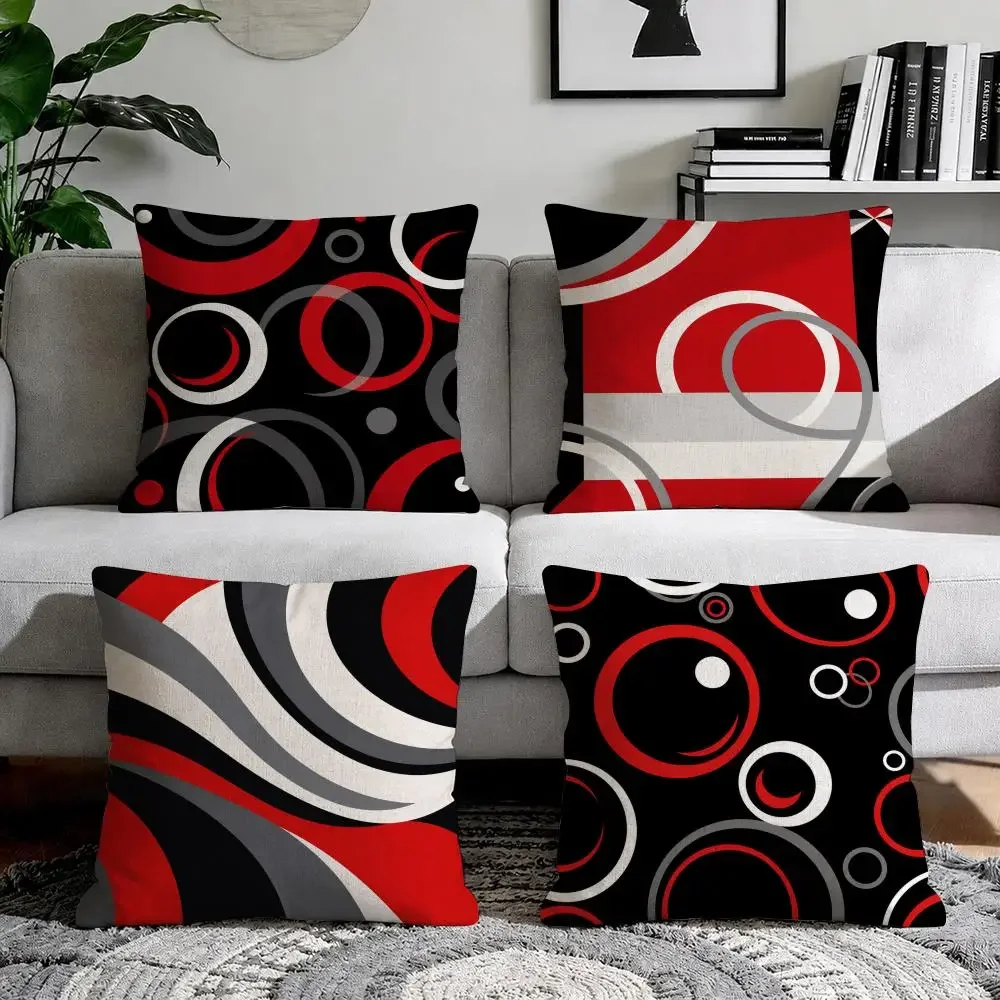 Black and Red Lines Cushion Cover Natural Breathable Durable Linen Printed Decor Pillow Case Sofa Bedroom