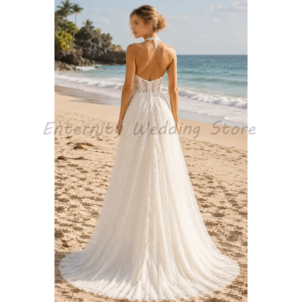 Ivory Halter Neck Wedding Dress Deep V Lace Appliques Chiffon A‑Line Chapel Train Beach Destination Bridal Gown