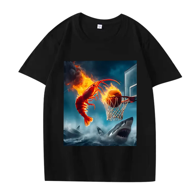 

Shrimp Dunking on Shark Graphic tee Retro Fishing Meme T Shirt men women Oversized 100% Cotton short sleeve Summer Unisex tops