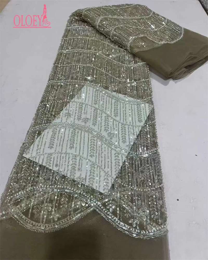 OLOEY Tessuto di pizzo con perline africane Tessuto di tulle francese di pizzo con paillettes nigeriane di alta qualità per abito da festa di nozze Sewin
