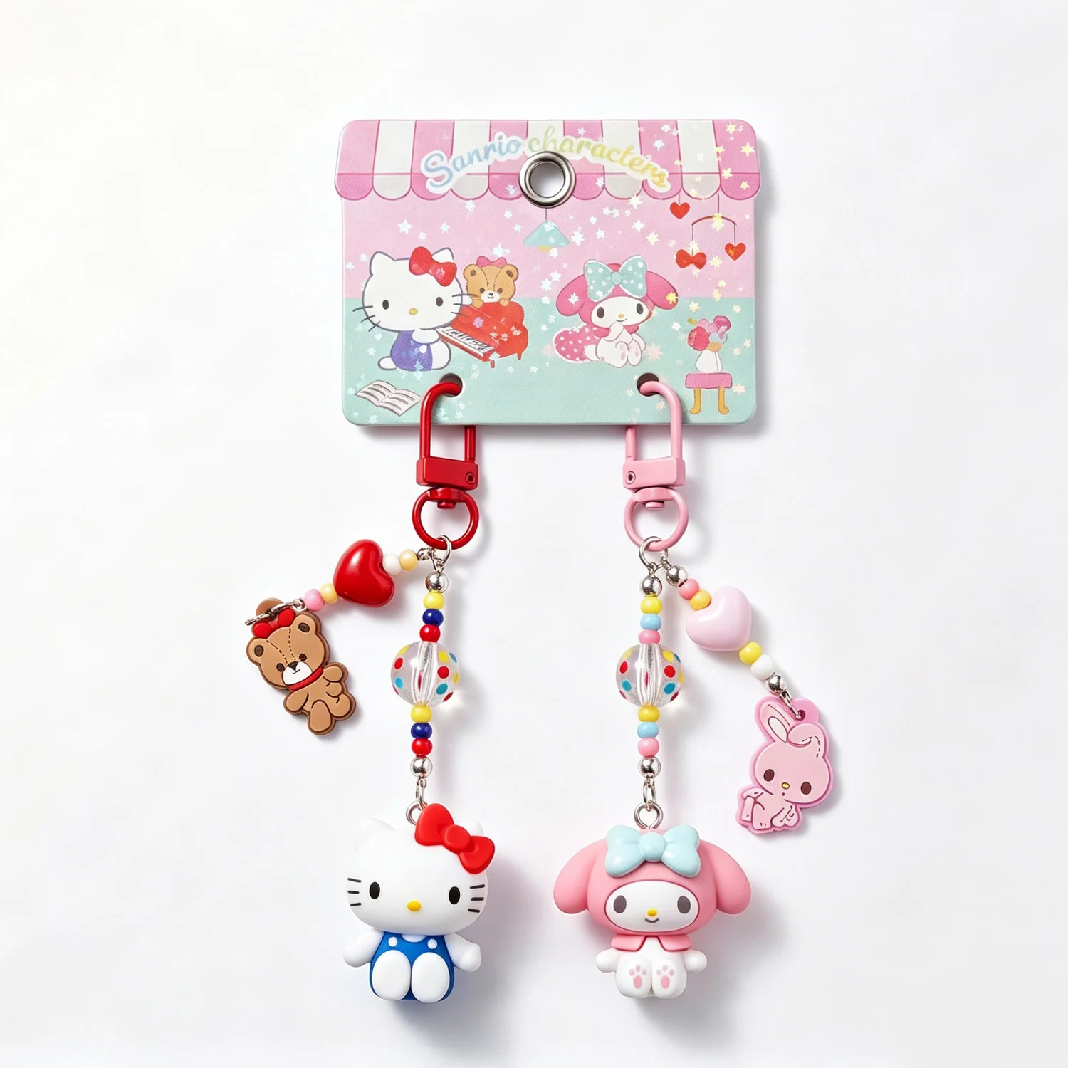 Hallo Kitty My Melody Cinnamoroll Taschenanhänger, bunte Perlenkette, Mini-Figur zur Dekoration von Rucksäcken, Geschenk – Detail 6