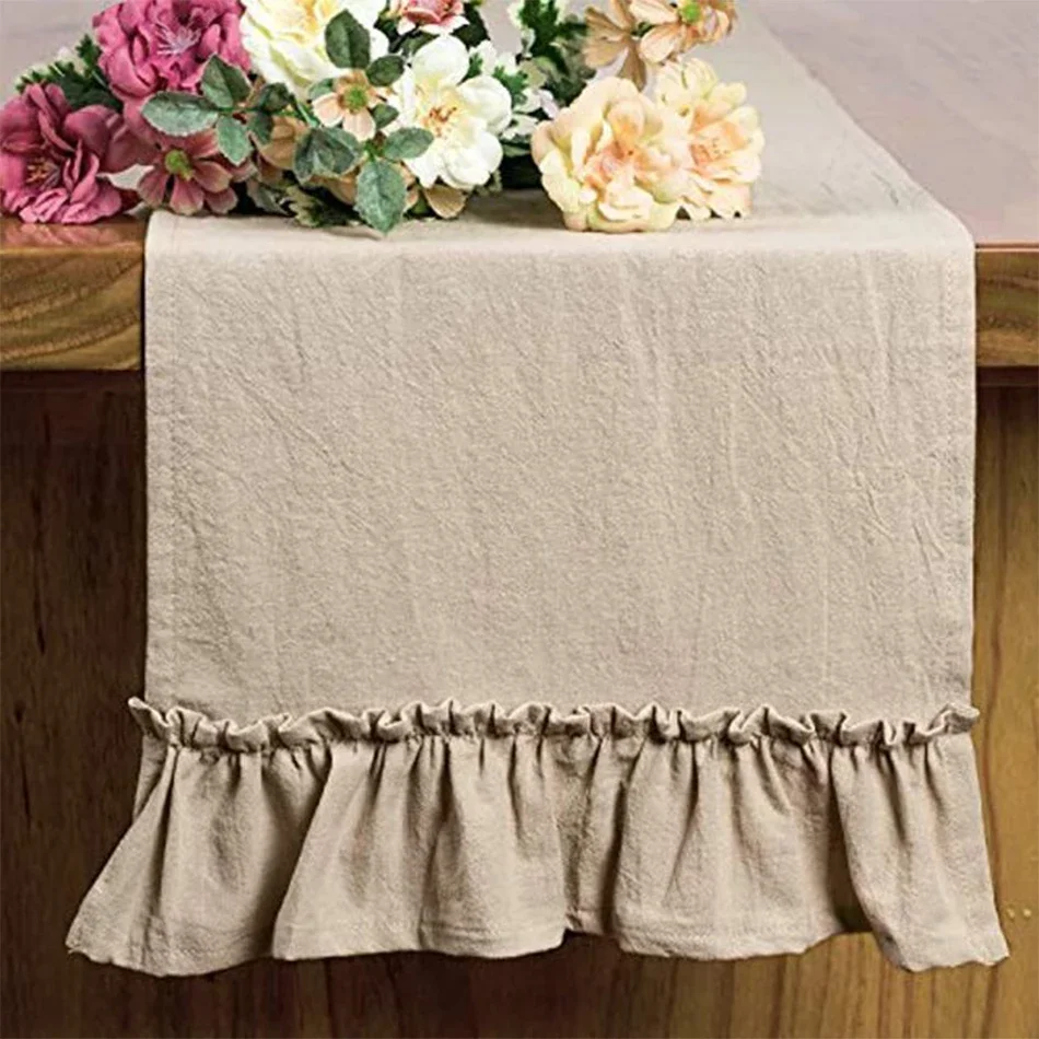 

Cotton Ruffles Table Runner Event Party Supplies Fabric Decor Romantic Solid Color Table Path for Holiday Wedding Christmas