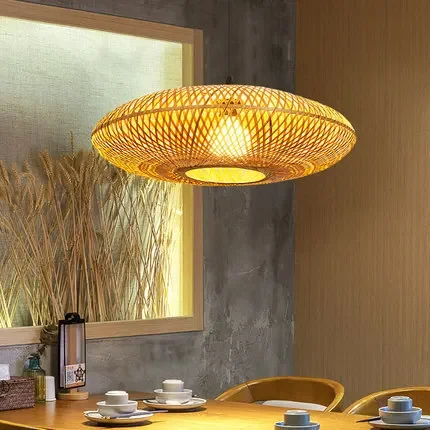 Southeast Asian Handmade Woven Rattan Bamboo Weaving Flying Saucer Pendant Light Bedroom Dining Room Decorative Light