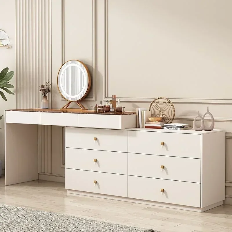 Meja Rias Modern dengan Cermin Menyala LED, Meja Rias Sudut Mewah 6 Laci, dan Rak Meja Rias Penyimpanan Besar