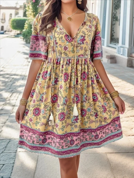 

Spring Summer Women's Dress Casual Loose Elegant Vacation Print Short Sleeve Loose Waist V-neck A-line Short Pullover Dress