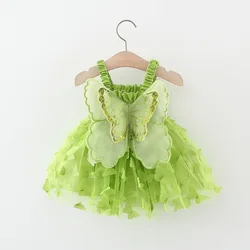 Summer girl's camisole dress solid color butterfly 3D printing sleeveless mesh splicing butterfly wing fluffy skirt