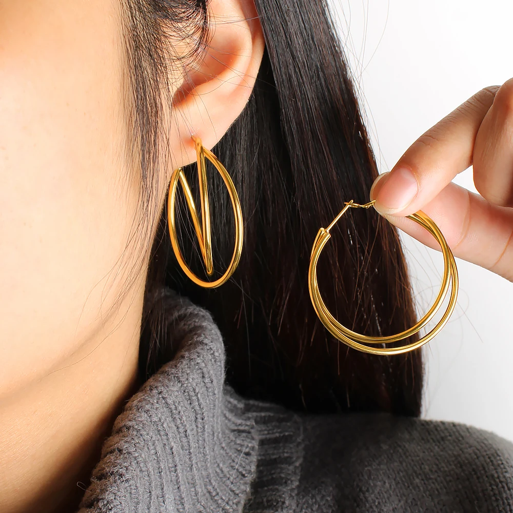 USENSET Charm 2 Thin Metal line Twrist O-Shaped Hoop Earrings Statement Women's 18K Gold Plated Stainless Steel Bijoux Gift