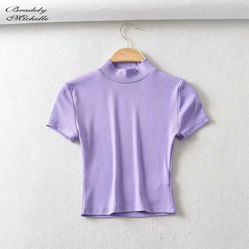 Bradely Michelle Fashion Sexy Summer Woman Slim Fit T-shirt Tight Cotton Short-Sleeve Turtleneck Tee Crop Tops