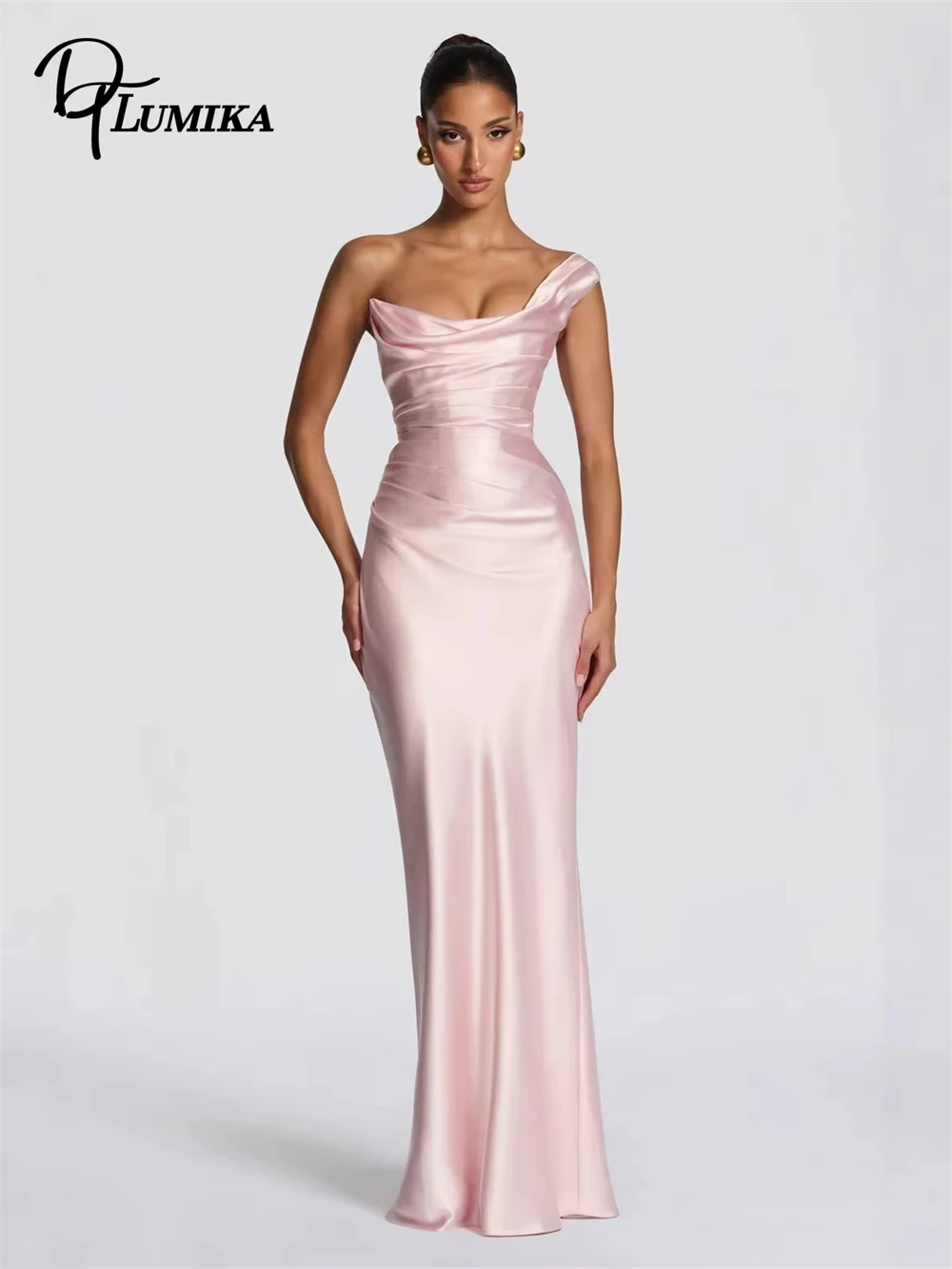 DTLumika Satin One Shoulder Pleat Sexy Party Dress Robes Backless Elegant Bodycon Night Club Dress Long Summer Dress Customized