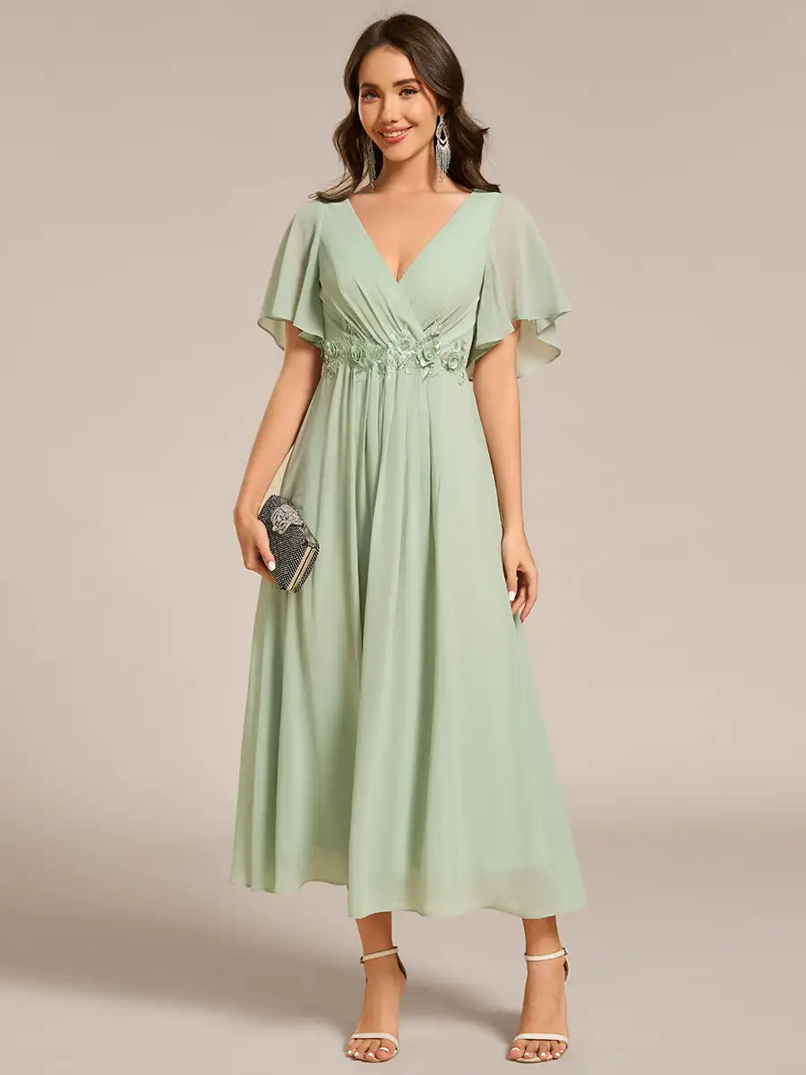 

Formal Evening Dresses Deep V-Neck Applique Short sleeve Ruffle Dress 2025 Ever Pretty of Mint Green Wedding Guest Dress