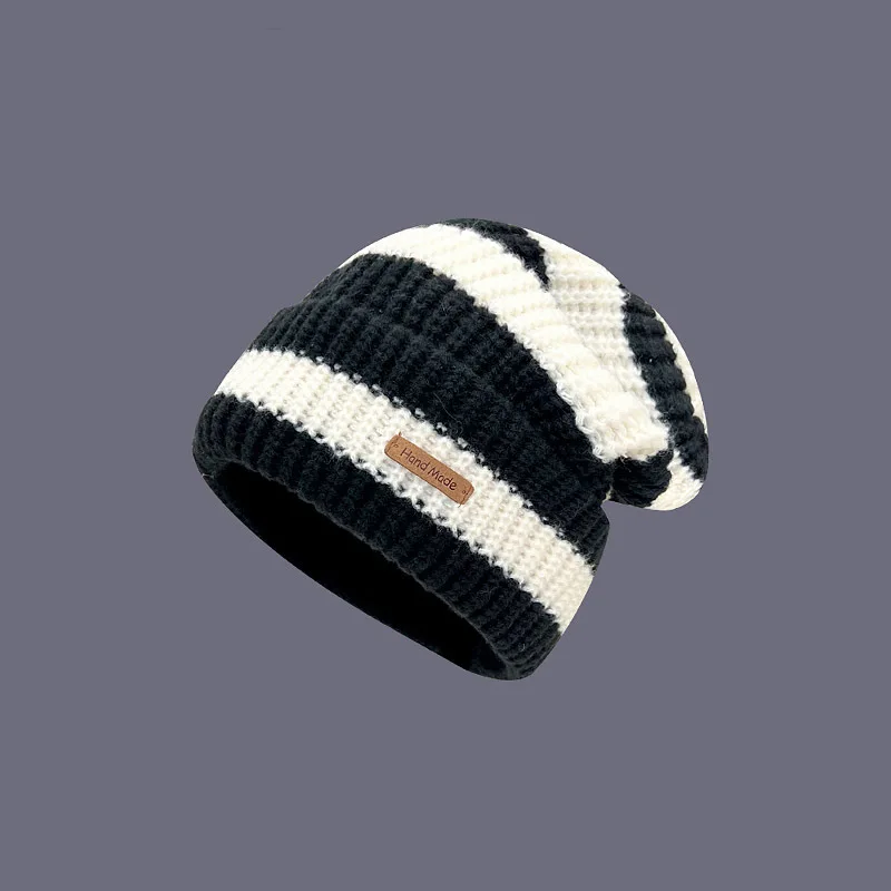 Japanese Vintage Stripe Letter Small Label Stripe Large Edition Woolen Hat Children\'s Warm Autumn and Winter Versatile Knitted P