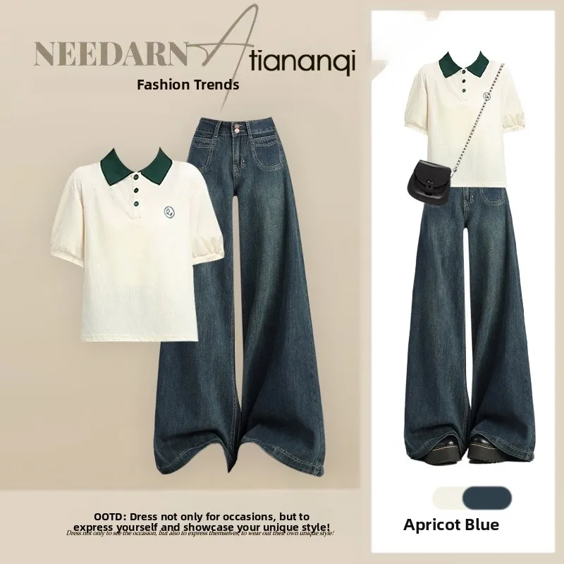 Summer New Style Versatile Short Sleeve High Waist Wide Leg Jeans Two Piece Set Elegant College Fashion Age Reducing Outfit