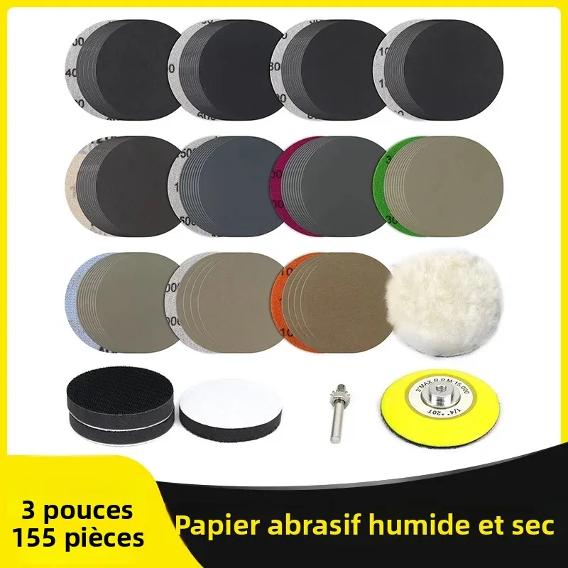 155 disques de ponçage de 3 pouces en carbure de silicium, grains 400-10000, pour ponçage humide et sec, avec fixation auto-agrippante, pour perceuse, meuleuse et outils rotatifs