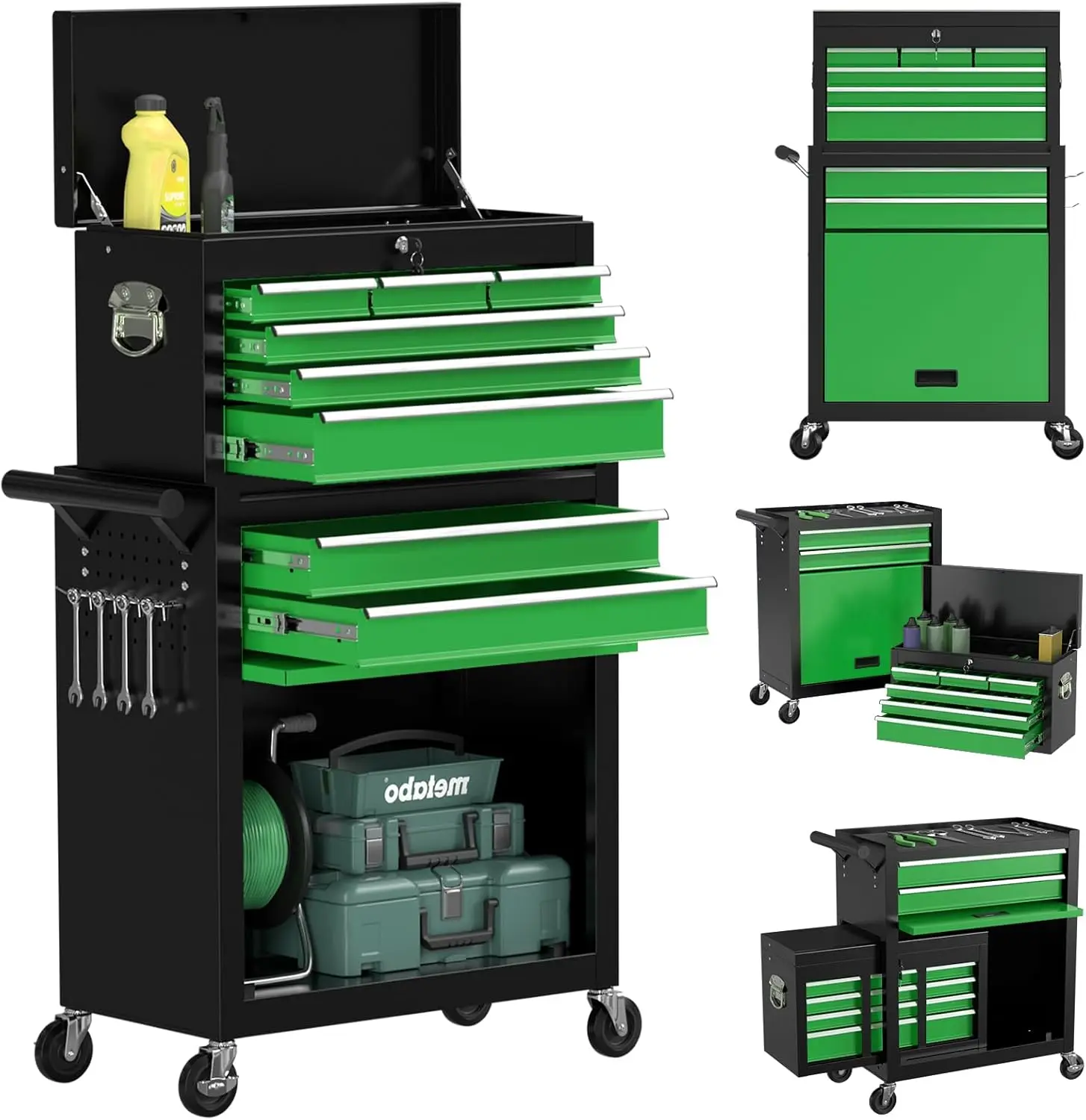 Rolling Tool Box, Lockable Rolling Tool Chest with Wheels and Drawers, 2 in 1 Large Capacity Storage Tool Cabinet for Garage, Wa