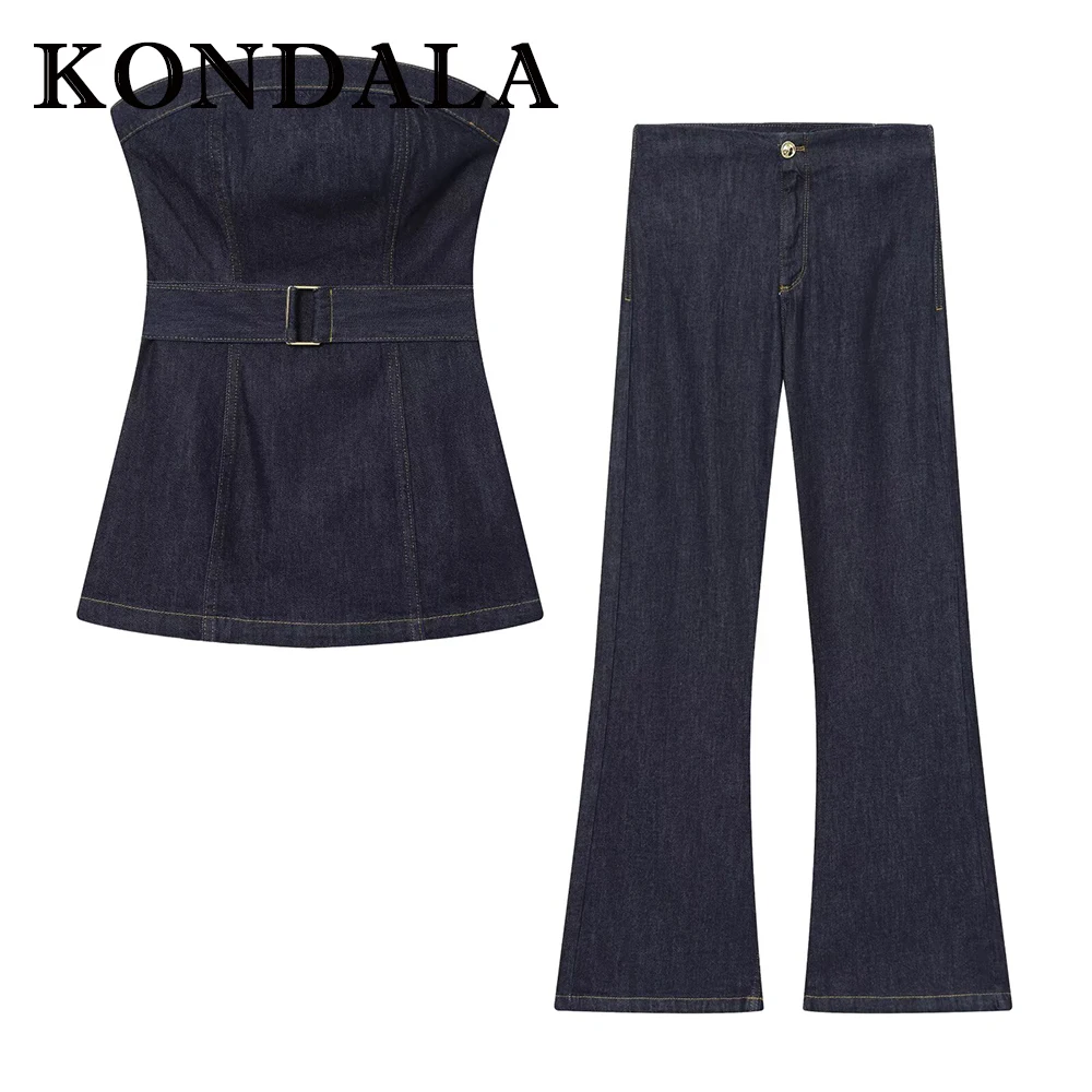 KONDALA Chic 2025 Women Denim Vintage Solid Suit Slim Sashes Zipper Long Vest+Pockets Long Wide Leg Pants Casual Female Set