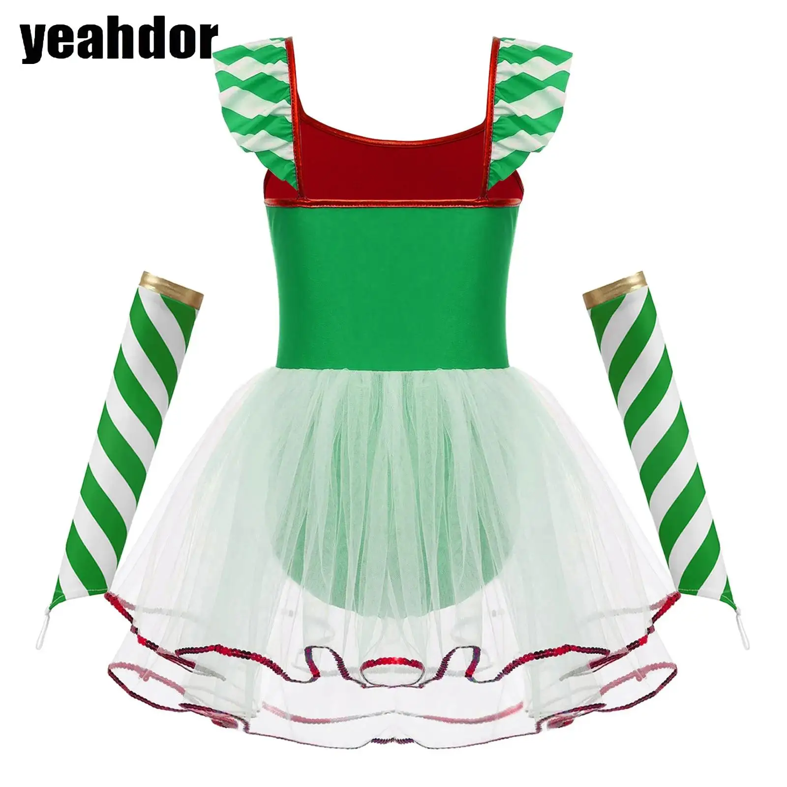 

Girls Candy Cane Christmas Dance Costume Sequin Stripes Bowknot Mesh Ballet Tutu Leotard Dress with Oversleeves Skating Clothes