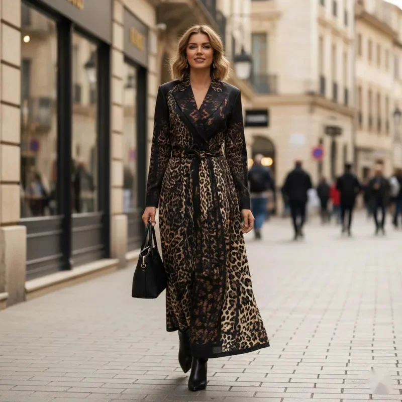Leopard Print Trench Coat For Women With Lapel Neck Full Sleeves Adjustable Belt Fall Winter Street Style Casual Outwear Jacket