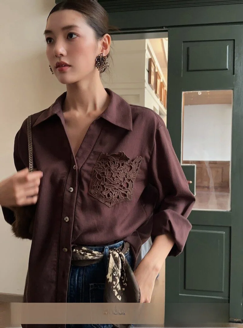 

Ohmyop Chinoiserie Eastern Ro Sle irt with Window Pattern ket Lenzing Hemp Cotton Blend Long Sve Women's Top