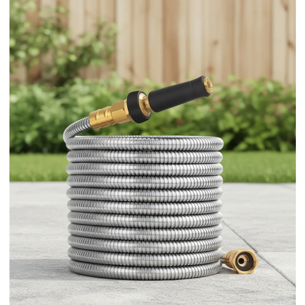 

100 FT Expandable Garden Hose - 304 Stainless Steel Heavy Duty Kink Free Water Hose for Outdoor Cleaning