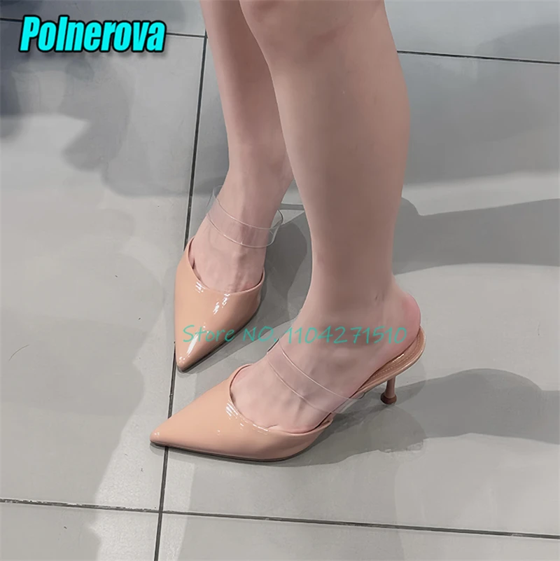 Nude Patent Leather High Heels for Women Summer New Transparent Strap Pointed Toe Half Slippers Fashion Party Stiletto Sandals