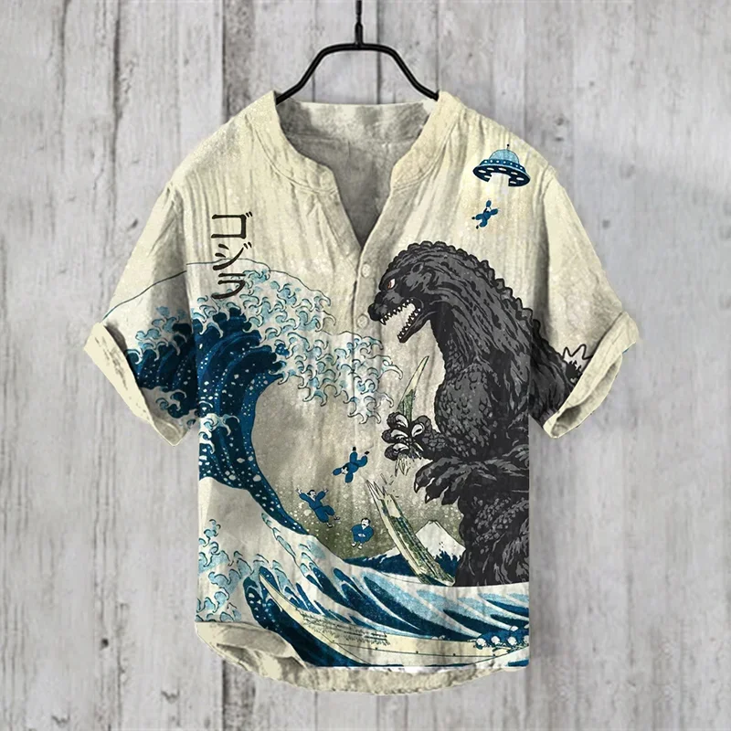 Japan fashion Men\'s Small V-Neck henley shirt Men\'s Vintage Japanese Art Magnolia Flower V Neck Casual Shirt